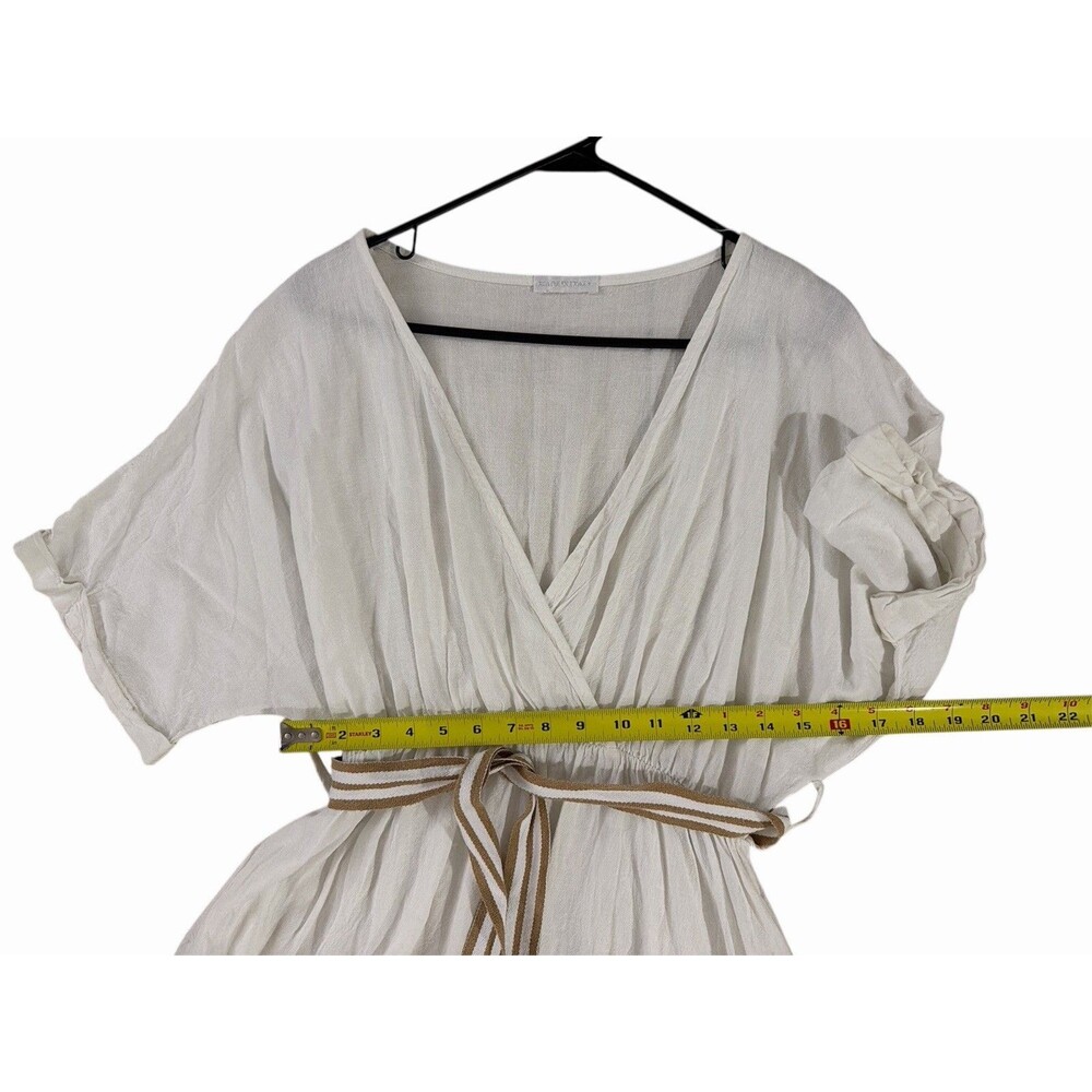 Made In Italy Linen Dress One Size White Wrap Style Short Sleeve Belted - Picture 7 of 8